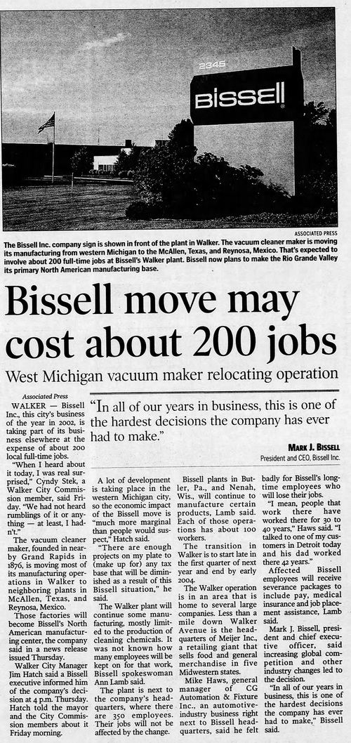Bissell - October 2002 Article On Move To Texas